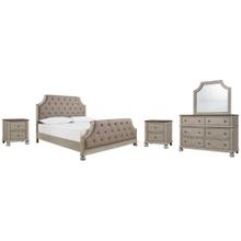 Queen Upholstered Panel Bed With Mirrored Dresser and 2 Nightstands