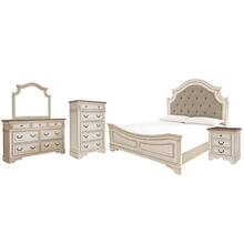 Queen Upholstered Panel Bed With Mirrored Dresser, Chest and Nightstand